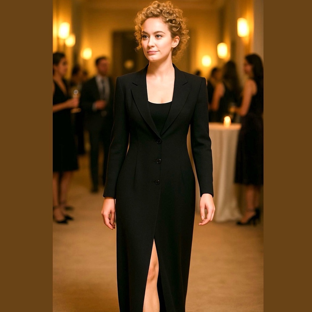 90s RENLYN BLACK SHAWL COLLAR MAXI EVENING COAT MINIMALIST QUIET LUXURY SZ 4